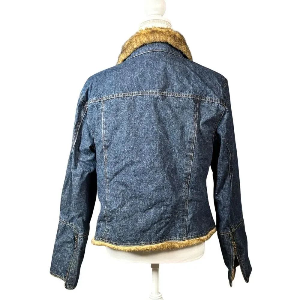 Austin Denim Jacket Size Large Blue Fur Collar Long Sleeve Zip Trucker Western - Picture 3 of 13